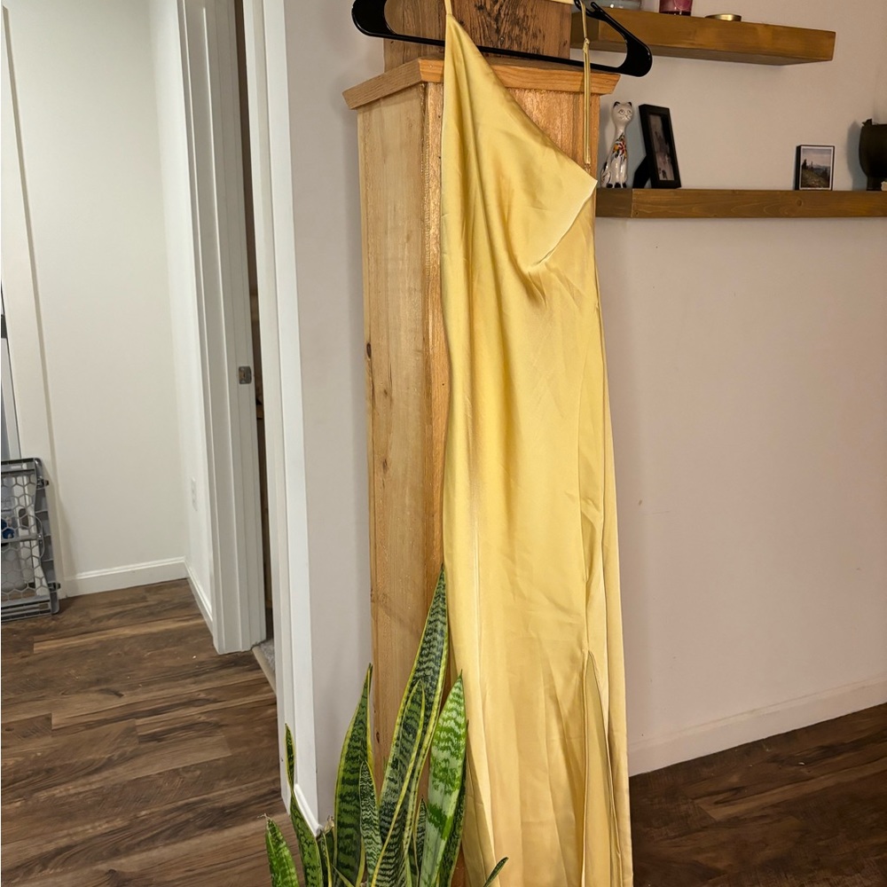 COMMENSE yellow open back one strap satin dress with slit. Stunning. Never worn.